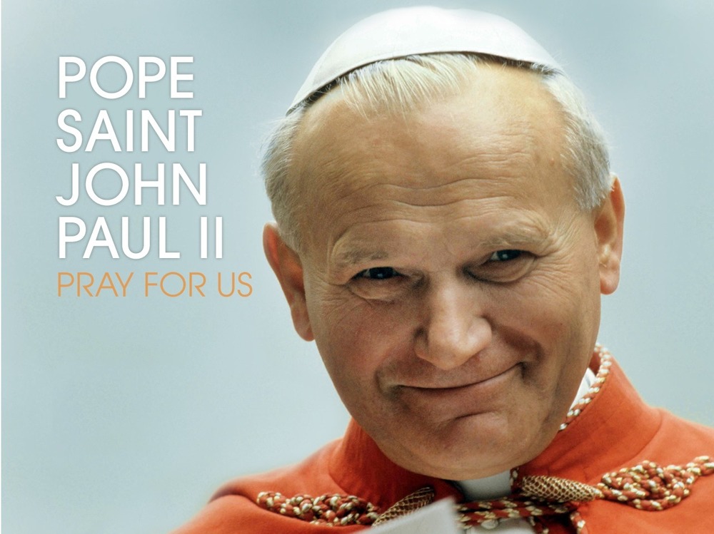 text reading pope saint john paul II pray for us in white and orange text on light blue background with image of Pope Saint John Paul II.